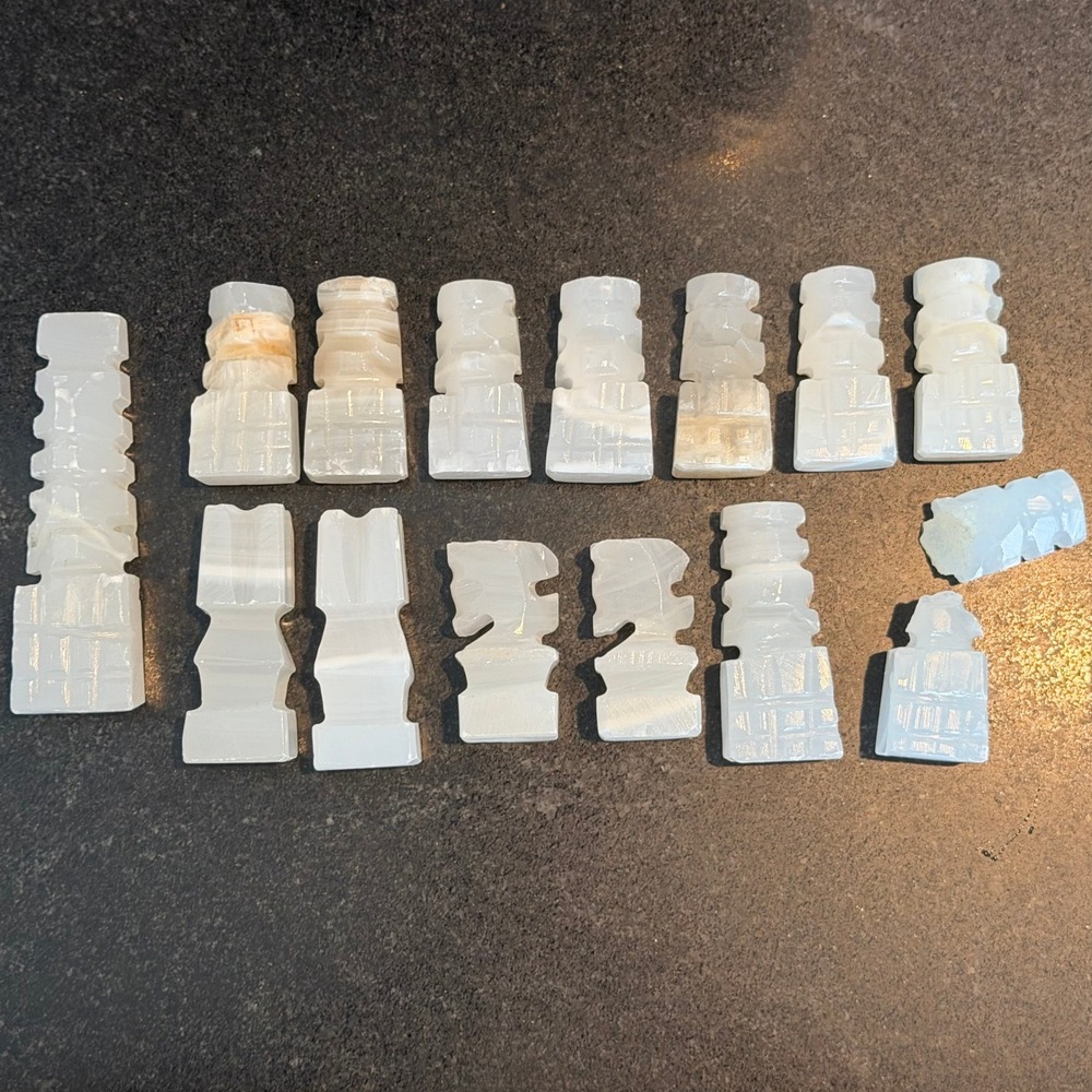 Vintage Hand Carved White Onyx Alabaster Stone Chess Pieces Replacement Set